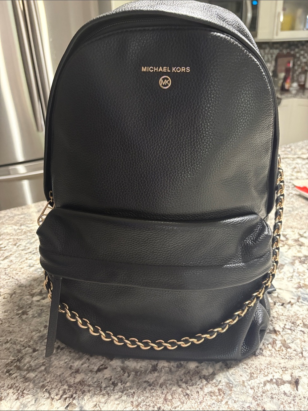 Michael Kors Black Pebbled Leather Backpack with Gold Chain Trim